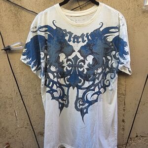 Affliction Men's White and Blue Graphic Tee